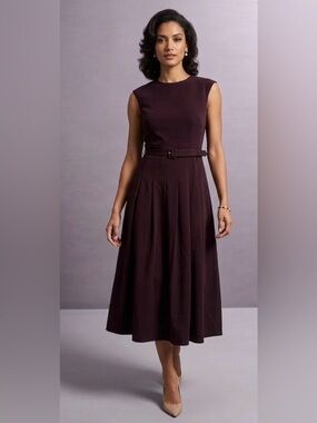 Ann Taylor Sleeveless Belted Midi Dress in Deep Plum